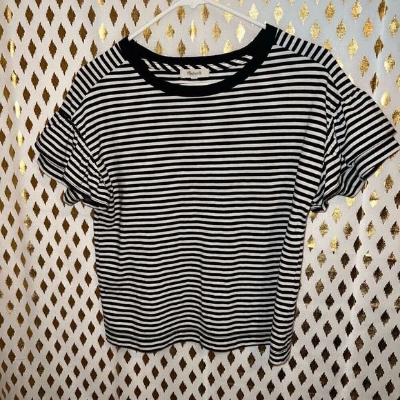 Madewell Ruffle-Sleeve Tee in Stripe black and white size XS - Picture 1 of 4